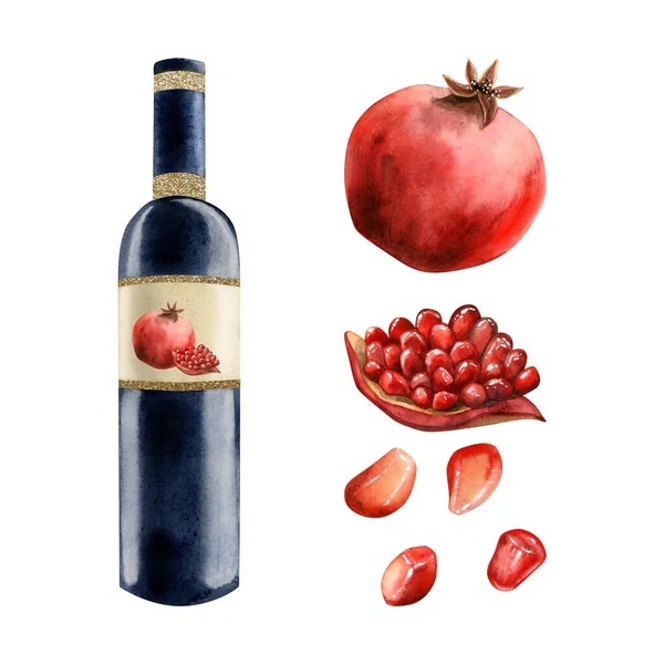 Watercolor Pomegranate Red Wine Bottle Fruits Pieces Seeds Illustration Isolated — Stock Photo, Image
