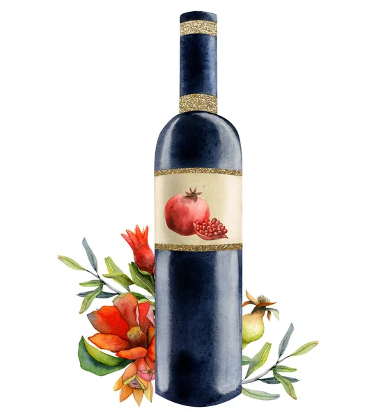 枝や花のイラストが白い背景に隔離された水色のザクロ赤ワインボトル — ストック写真