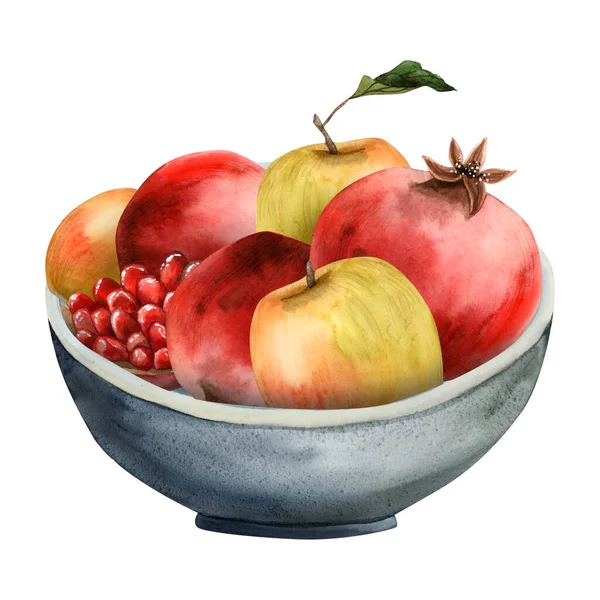 Fresh Ripe Fruits Bowl Pomegranates Apples Watercolor Illustration Isolated White — Stock Photo, Image