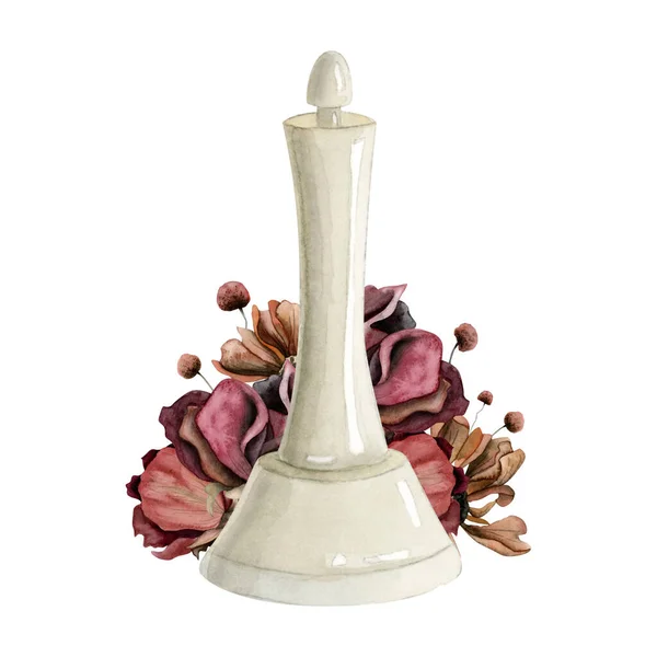 Akvarel Bílé Šachy Královna Kus Kaštanové Červené Růže Květiny Romantické — Stock fotografie