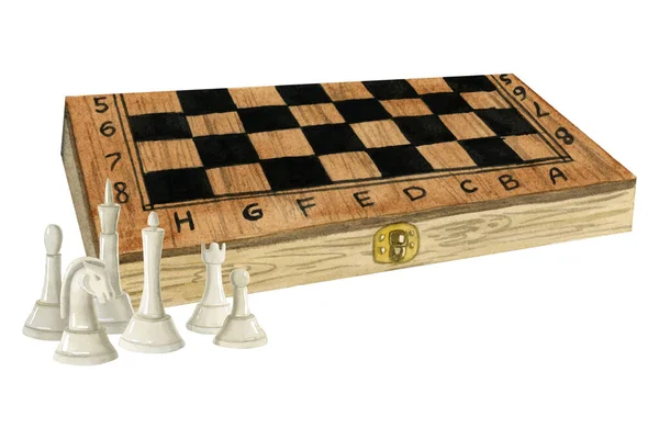 Watercolor Wooden Chess Board Box White Figures King Queen Bishop — Stock Photo, Image