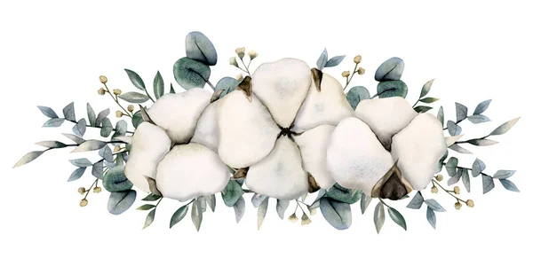 Coton Branches Eucalyptus Avec Herbe Fleurs Jaunes Minuscules Aquarelle Illustration — Photo