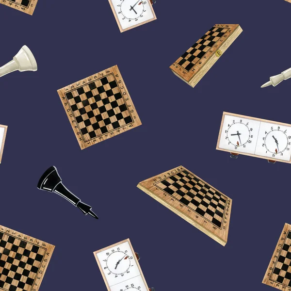 水彩象棋无缝图案 黑白相间的国王 深色蓝色背景的棋盘和钟表 用于纺织品 包装纸 竞赛传单和球杆设计 — 图库照片