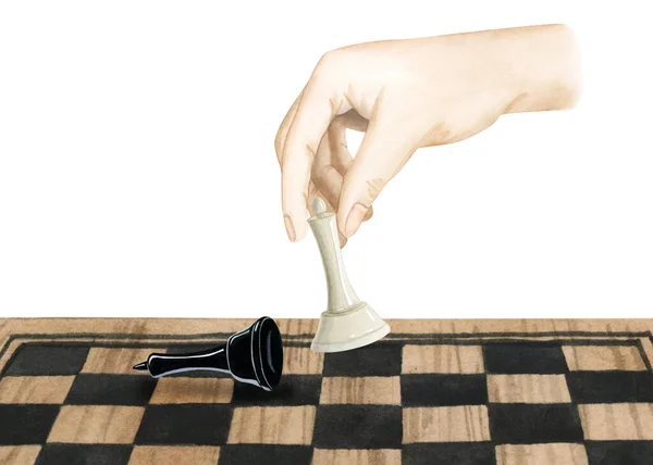 Chess Player Hand Gör Drag Med Vit Drottning Till Schackmatt — Stockfoto