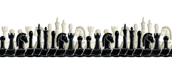 Czarno Białe Figury Szachowe Pełny Zestaw Akwareli Bez Szwu Granicy — Zdjęcie stockowe