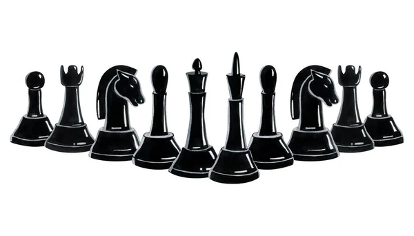 Černé Šachové Figurky Stojící Řadě Akvarel Ilustrace Izolované Bílém Pozadí — Stock fotografie
