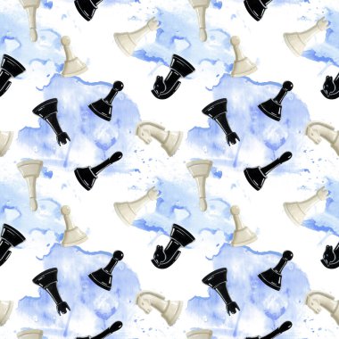 Mavi suluboya üzerine satranç siyah ve beyaz parçaları piyon, at, fil ve kale ile beyaz zemin üzerinde kağıt ve kulüp broşürleri tasarımı için sıçrama.