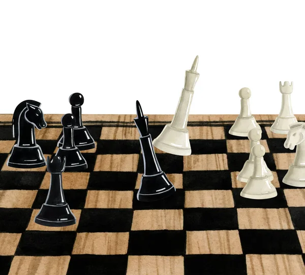 Bílé Šachy Král Poráží Černého Krále Palubě Během Turnaje Akvarel — Stock fotografie