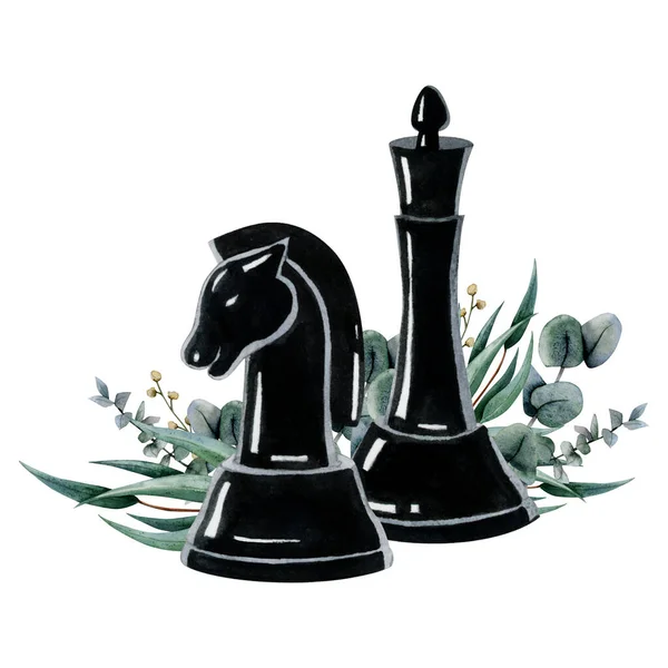 Watercolor Black Queen Knight Chess Pieces Illustration Green Eucalyptus Branches — Stock Photo, Image