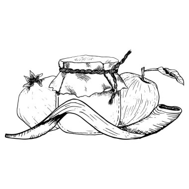 Mutlu Rosh Hashanah tebrik kartı şablonu, bal kavanozu, nar meyvesi, elma, shofar boynuzu çizgisi çizimi.