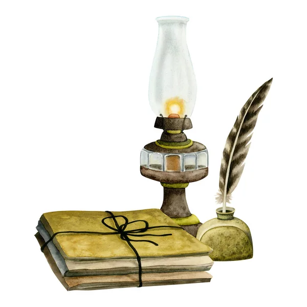 Watercolor Vintage Kerosene Lamp Stack Paper Folders Documents Inwell Feather — Stock Photo, Image