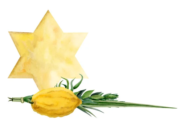 Jewish Symbolic Plants Sukkot Holiday Yellow Gold Star David Watercolor — Stock Photo, Image