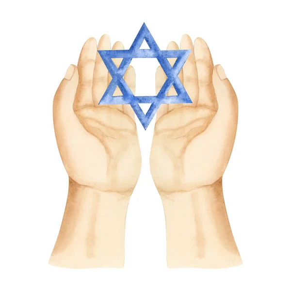 Еврейская Вера Голубая Звезда Давида Держит Руках Акварельную Иллюстрацию Изолированную — стоковое фото