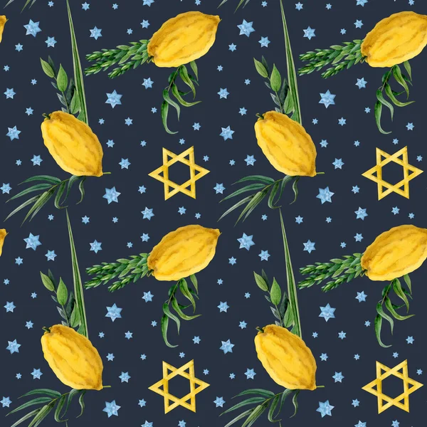 Темно Синий Акварель Суккот Бесшовный Узор Традиционного Еврейского Праздника Пальмовым — стоковое фото