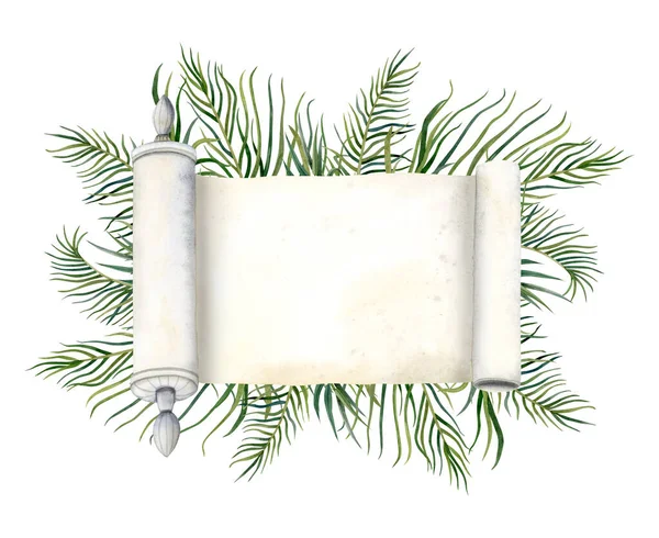 Vintage Blanco Papier Scroll Met Tropische Palmbladeren Banner Sjabloon Aquarel — Stockfoto