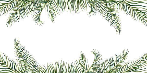 Tropiska Palmblad Horisontell Fana Akvarell Gröna Kvistar Grenar Djungel Blommor — Stockfoto