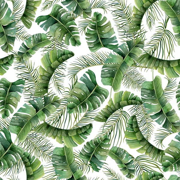 Akvarell Tropisk Palm Blad Akvarell Sömlös Mönster Vit Bakgrund Med — Stockfoto