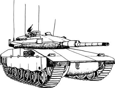 Tank siyah ve beyaz vektör çizimi. İsrail Savunma Kuvvetleri Askeri Makinesi 'nden Merkava IV. El yapımı savaş mürekkebi..
