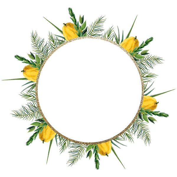 Elegant Sukkot traditional plants round frame floral watercolor illustration isolated on white background. Template with etrog, four species for Jewish holiday greeting cards, stickers.