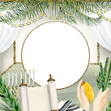 Sukkah festive greeting frame watercolor illustration isolated on white background with palm leaves, waving lulav, etrog, four species, tallit, menorah and Torah scroll for Jewish Sukkot holiday. clipart