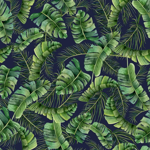 Mörkblå Tropiska Blad Akvarell Sömlös Mönster Med Gröna Djungel Växter — Stockfoto