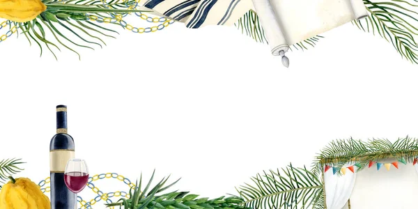 Watercolor Sukkot Horizontal Banner Illustration Isolated White Background Rectangular Greeting — Stock Photo, Image