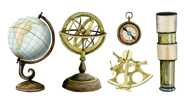 Instruments Dispositifs Navigation Nautique Mer Aquarelle Avec Astrolabe Globe Sextant — Photo