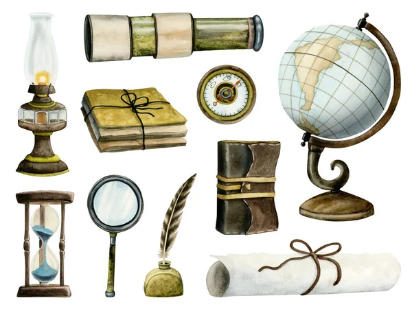 Adventure Sailing Boat Watercolor Illustration Set Globe Spyglass Sand Hourglass — Stock Photo, Image