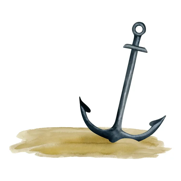 Watercolor Steel Anchor Sand Sea Bottom Illustration Isolated White Background — Stock Photo, Image
