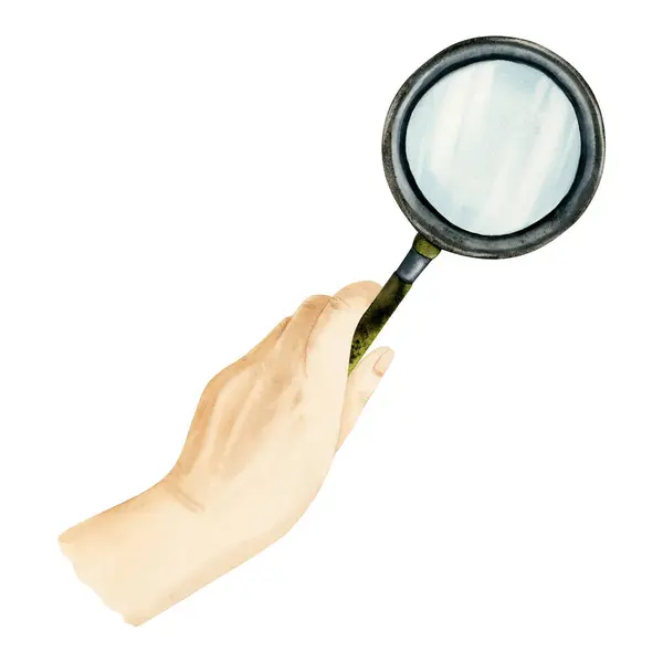 Researcher Detective Hand Holding Magnifying Glass Loupe Metallic Handle Watercolor — Stock Photo, Image