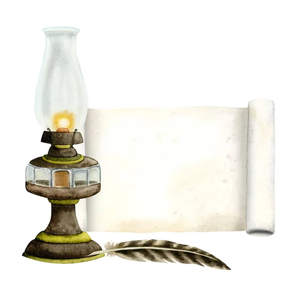 Vintage Kerosine Lamp Met Veer Pen Papier Scroll Aquarel Illustratie — Stockfoto
