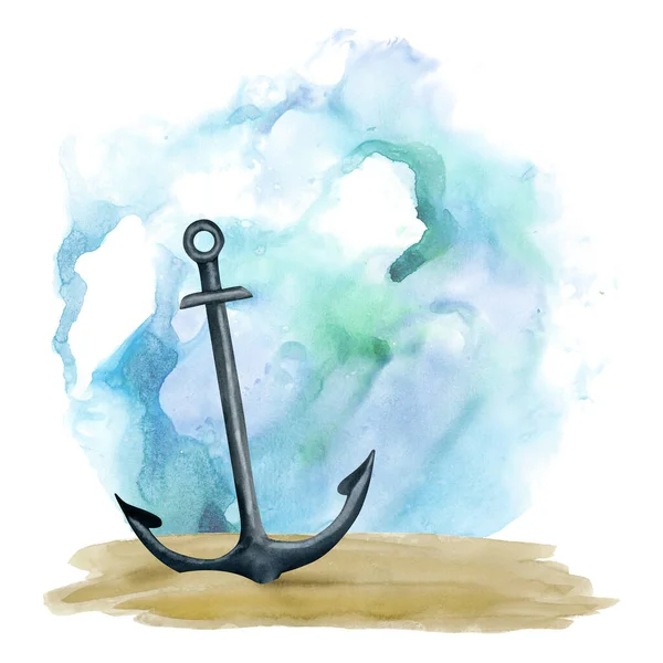 Steel Anchor Sea Bottom Sand Surrounded Blue Green Water Watercolor — Stock Photo, Image