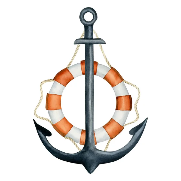 Steel Anchor Lifebuoy Watercolor Illustration Isolated White Background Nautical Stickers — Stock Photo, Image