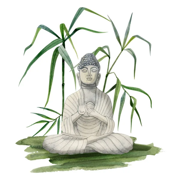 Meditující Buddha Sedí Trávě Zeleném Bambusu Ručně Kreslené Akvarel Ilustrace — Stock fotografie