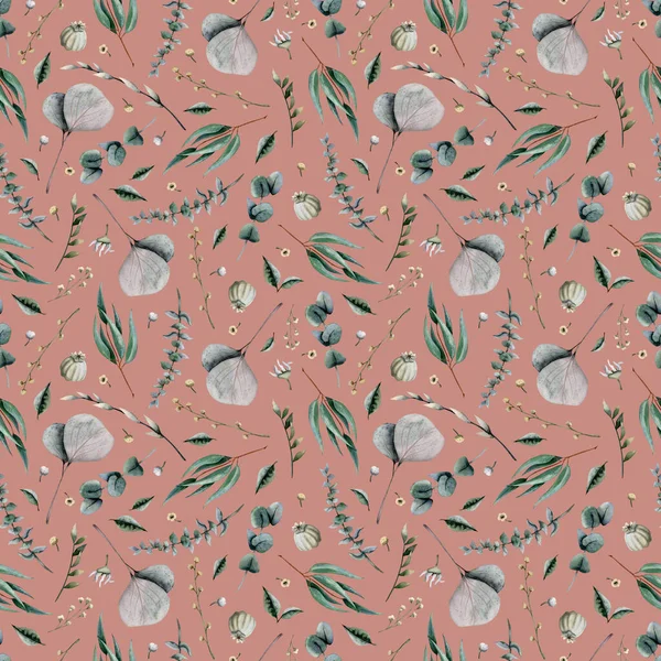 Dusty red Eucalyptus watercolor seamless pattern with leaves, grass, poppy seed boxes, branches and tiny field flowers for botanical floral textile and fabrics.