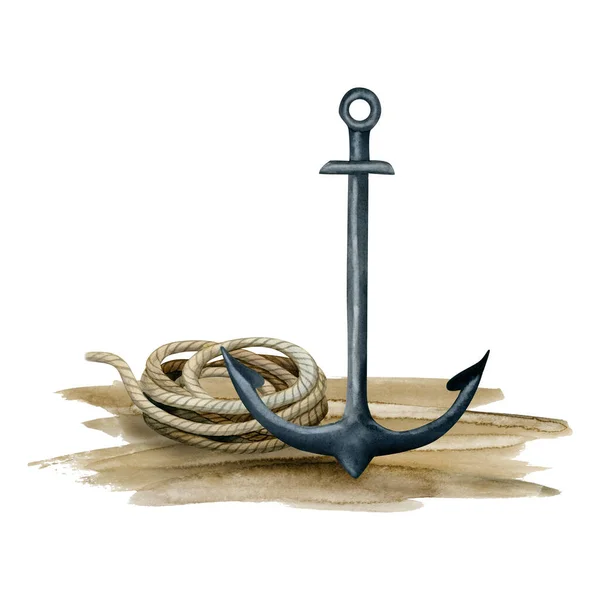 Aquarell Anker Und Seilspule Auf Weißem Hintergrund Isoliert Für Nautische — Stockfoto