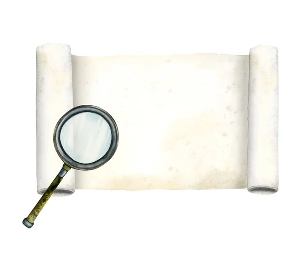 Magnifying Glass Paper Scroll Detective Researches Designs Watercolor Illustration Hand — Stock Photo, Image