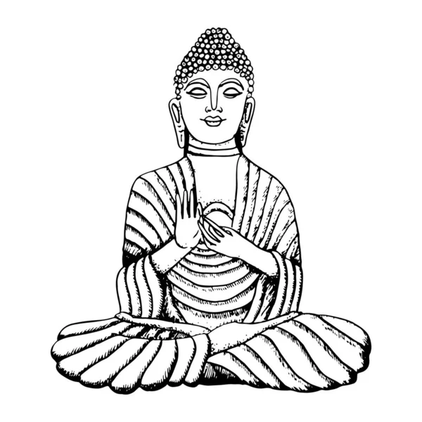 Vector Buddha Stone Statue Hand Drawn Line Art Illustration Meditation — Stock Vector