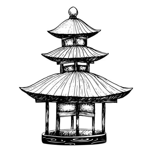 Vector Pagoda Casa Grafica Bianco Nero Illustrazione Edificio Architettonico Tradizionale — Vettoriale Stock