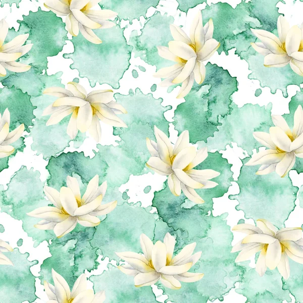 White Yellow Lotus Flower Green Water Splashes Watercolor Seamless Pattern — Stock Photo, Image