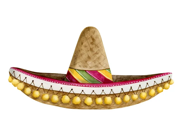 シンコ メイヨーの休日のためのソンブレロメキシコの帽子水彩画イラスト 緑および茶色の白い背景で分離された手描きのクリップ部分 — ストック写真