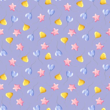 Lavantalı mor pastel doğum günü balonları sulu boya desenleri pembe, mavi, sarı renkler bebek partisi veya cinsiyet partisi tasarımları için..