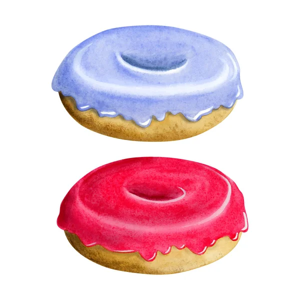 Lavendel Blau Und Rosa Rot Glasierte Donut Aquarell Illustration Set — Stockfoto