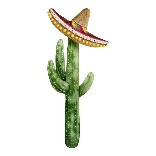 Kaktus Saguaro Trägt Mexikanischen Sombrero Hut Aquarell Illustration Isoliert Auf — Stockfoto