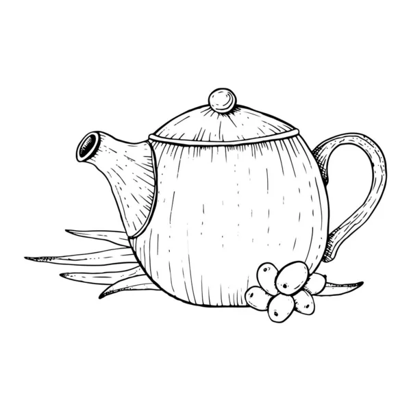 Czajnik Jagodami Rokitnika Pozostawia Ilustrację Linii Wektorowej Hipofae Ziołowa Herbata — Wektor stockowy