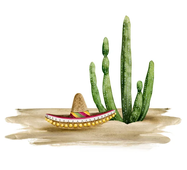 Desert Cactus Saguaro Sombrero Hat Laying Sand Watercolor Illustration Isolated — Stock Photo, Image