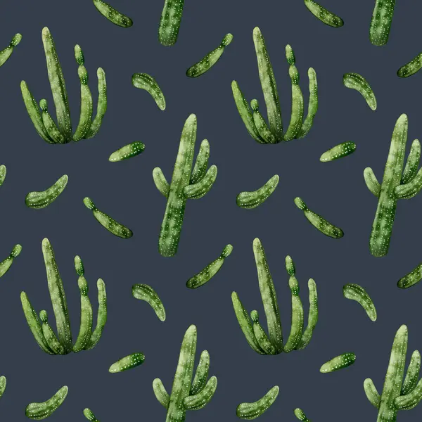 Dark Blue Green Saguaro Carnegia Cactuses Watercolor Seamless Pattern Mexican — Stock Photo, Image