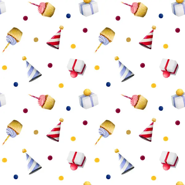 Happy birthday watercolor seamless pattern on white background with festive gifts, party cone hats, cupcake with candle and confetti in red, blue and yellow colors for wrapping paper.