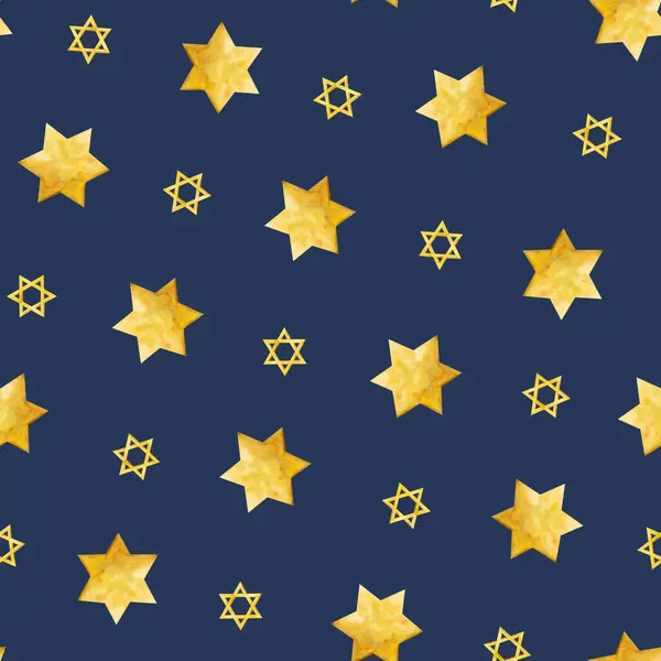 Gold stars of David on dark blue night sky watercolor seamless pattern. Background for Hanukkah and Jewish holiday wrapping paper, textile, fabric and packaging.