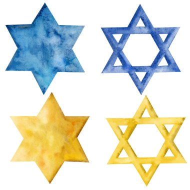 David 'in suluboya çizimleri yıldızı. Mavi ve sarı renkli 4 Magen David seti beyaz arkaplanda. Hanuka Yahudi tasarımları için altı köşeli altıgen geometrik figür